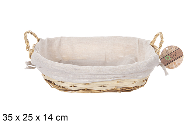 [112884] Oval wicker basket with honey-colored handles and fabric 35x25 cm