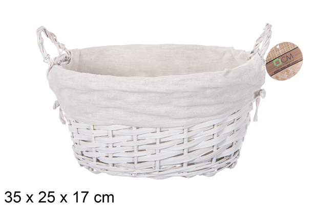 Cesta mimbre ovalada con asas color blanco con tela 35x25 cm