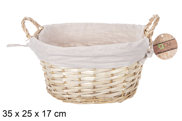 [112887] Cesta oval de vime com alças cor mel e tecido 35x25 cm