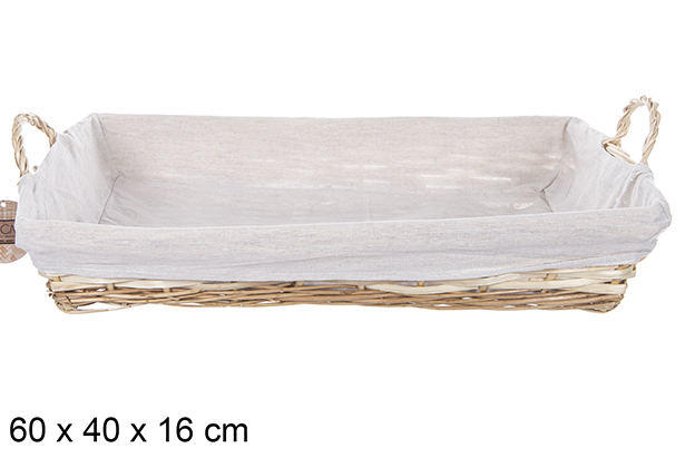 Cesto retangular de vime com alças em cor natural e tecido 60x40 cm