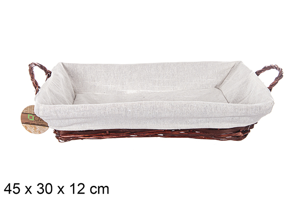 [112906] Panier rectangulaire en osier avec anses en acajou et tissu 45x30 cm