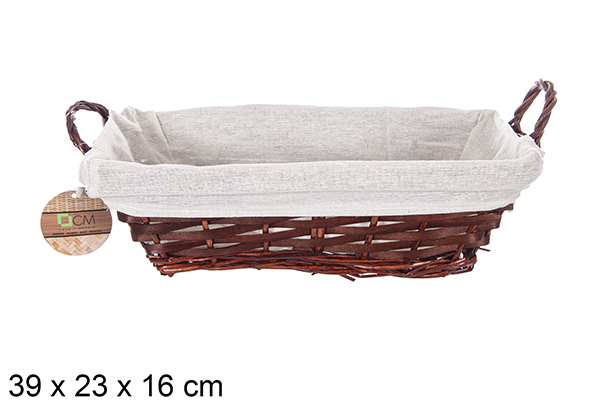 [112909] Cesta mimbre rectangular con asas color caoba con tela 39x23 cm