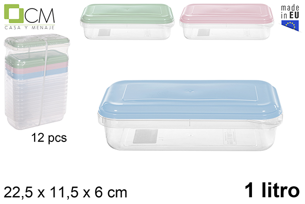 Fiambrera rectangular tapa color pastel 1 l.