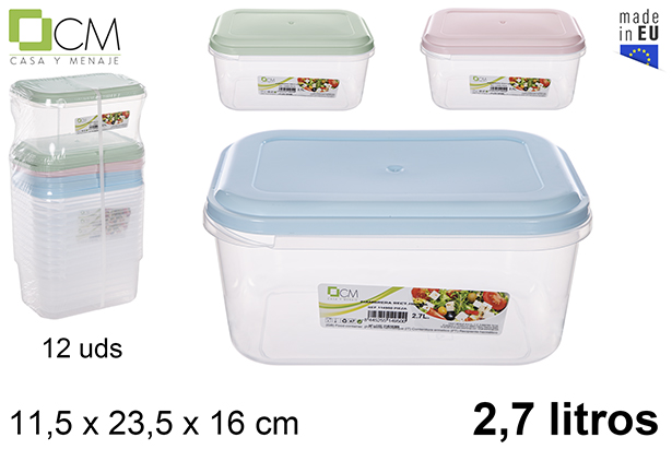 Lancheira retangular com tampa cores pastel 2,7 l.