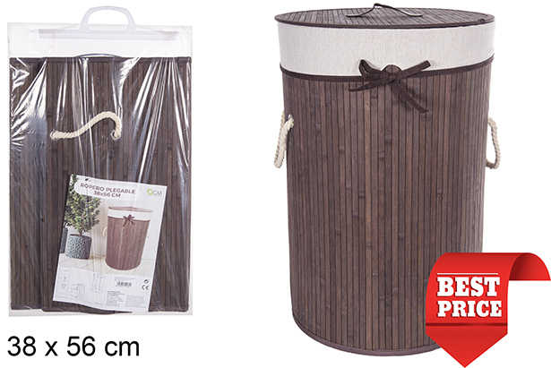 [112960] Round foldable mahogany bamboo laundry basket with lining 38x56 cm