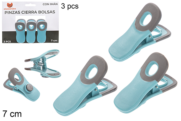 Pack 3 pinces ferme sac avec aimant 7 cm