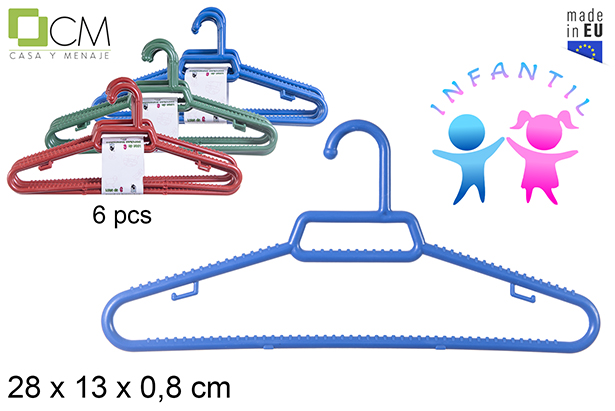 Pack 6 cabides de plástico infantil cores diversas
