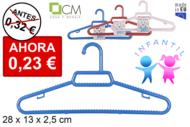 Pack 3 cabides de plástico infantil cores diversas