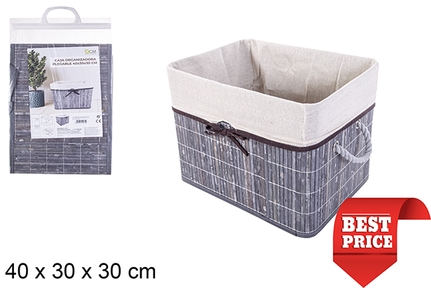 Caja organizadora bambú plegable gris forrada con lazo 40x30 cm