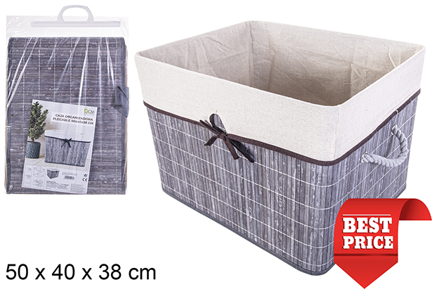 [114475] Scatola organizer pieghevole in bambù grigia foderata con fiocco 50x40 cm