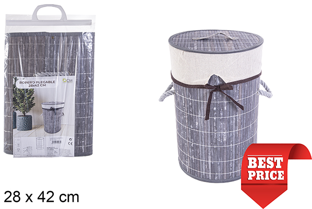 [114477] Round foldable gray bamboo laundry basket with lining 28x42 cm