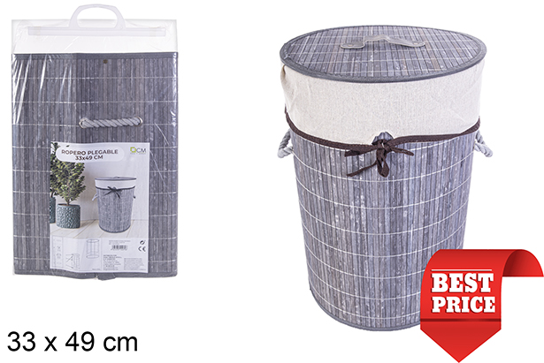 [114479] Cesto de roupa suja redondo dobrável em bambu cinza com forro 33x49 cm