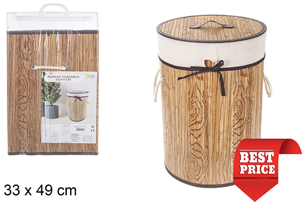 Panier à linge rond pliable en bambou naturelle avec doublure 33x49 cm