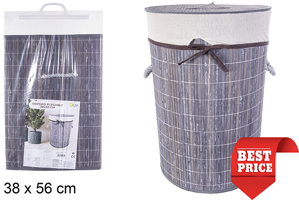 [114481] Round foldable gray bamboo laundry basket with lining 38x56 cm