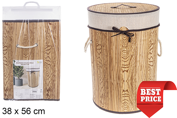 Panier à linge rond pliable en bambou naturelle avec doublure 38x56 cm