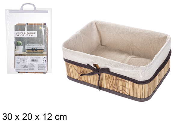 Cesta bambú plegable natural rectangular forrada con lazo 30x20 cm