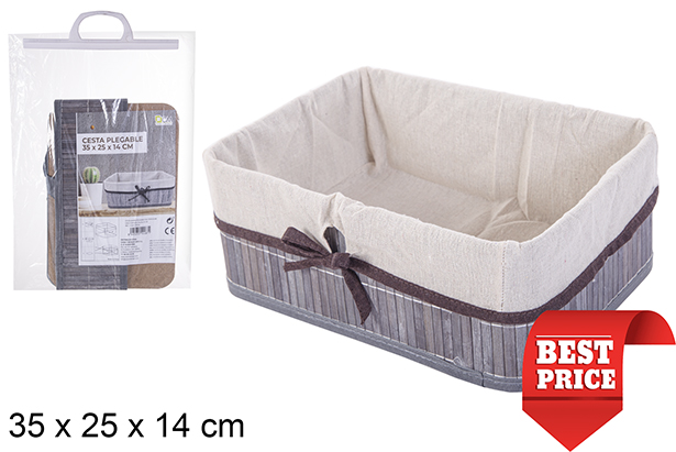Cesta bambú plegable gris rectangular forrada con lazo 35x25 cm