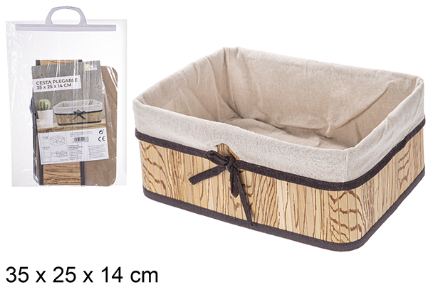 Cesto retangular dobrável em bambu natural forrado com laço 35x25 cm