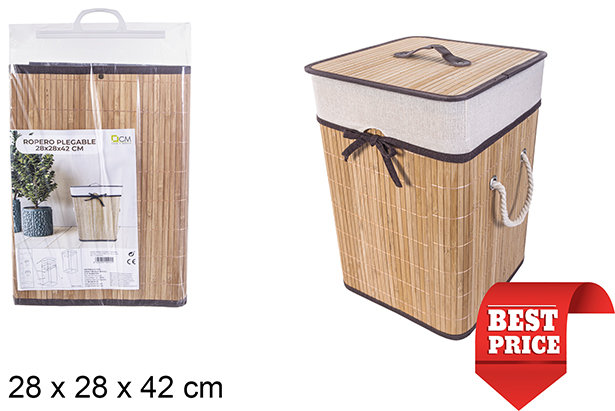 Cesto de roupa suja quadrado dobrável em bambu natural com forro 28x42 cm