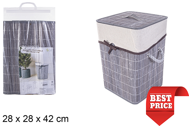 [114493] Cesto de roupa suja quadrado dobrável em bambu cinza com forro 28x42 cm