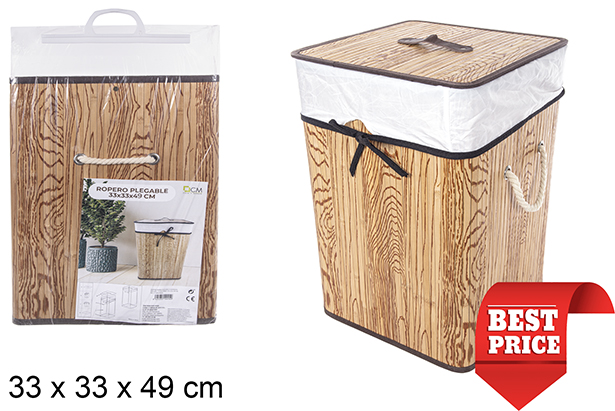 Cesto portabiancheria quadrato pieghevole naturale bambù foderato 33x49 cm