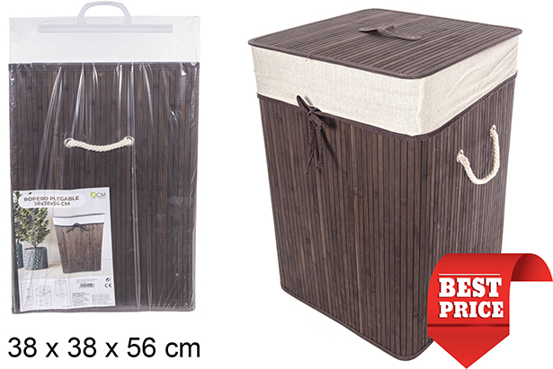 Squared foldable mahogany bamboo laundry basket with lining 38x56 cm