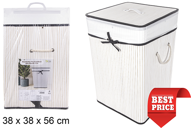Cesto de roupa suja quadrado dobrável em bambu branco com forro 38x56 cm
