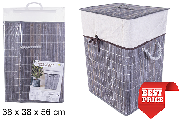 [114503] Cesto de roupa suja quadrado dobrável em bambu cinza com forro 38x56 cm