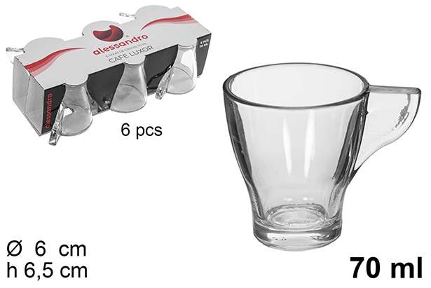 Pack 6 Luxor glass coffee cups with handle 70 ml