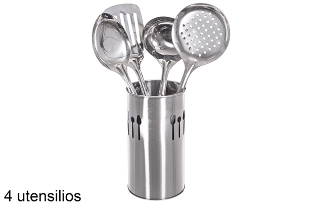 Porta cubiertos con 4 utensilios cocina acero inoxidable