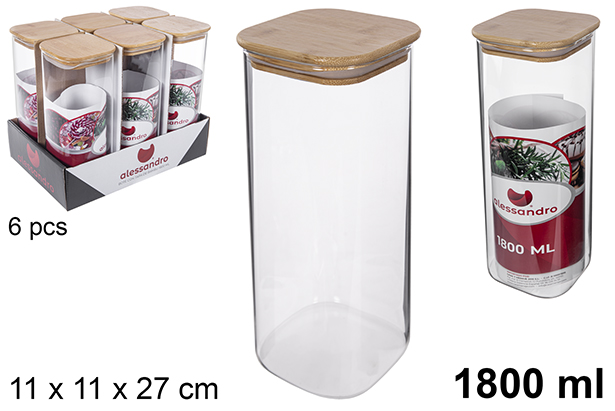Bote borosilicato cuadrado tapa bambú 1.800 ml