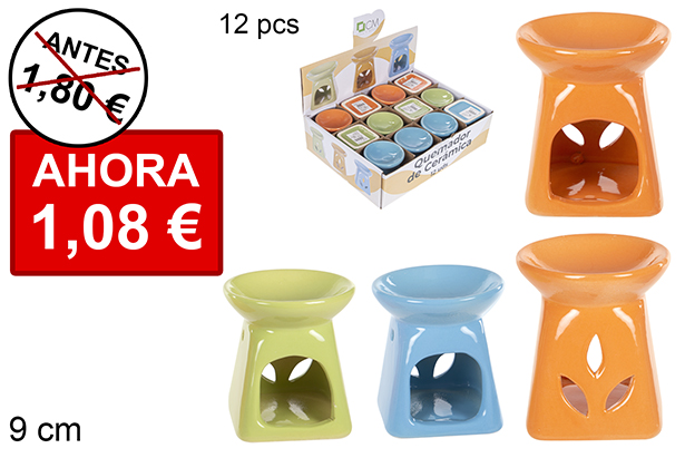 [114724] Bruciatore quadrato in ceramica colori assortiti foglie decorate 9 cm
