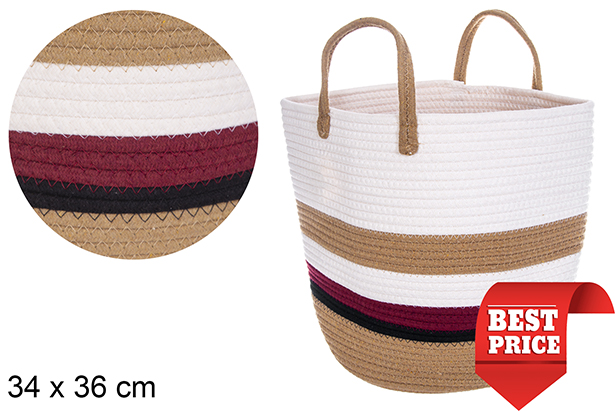 Cestino rotondo in corda di cotone con manici multicolori 34x36 cm