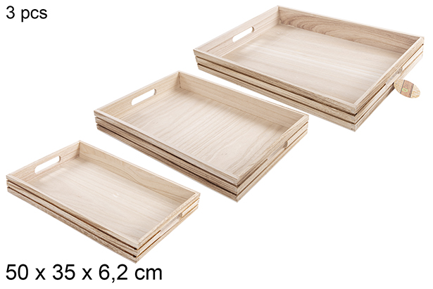 Pack 3 plateaux en bois avec fente vintage 50x35x6,2 cm