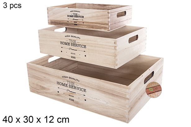 Pack 3 scatole in legno naturale decorato 40x30x12 cm