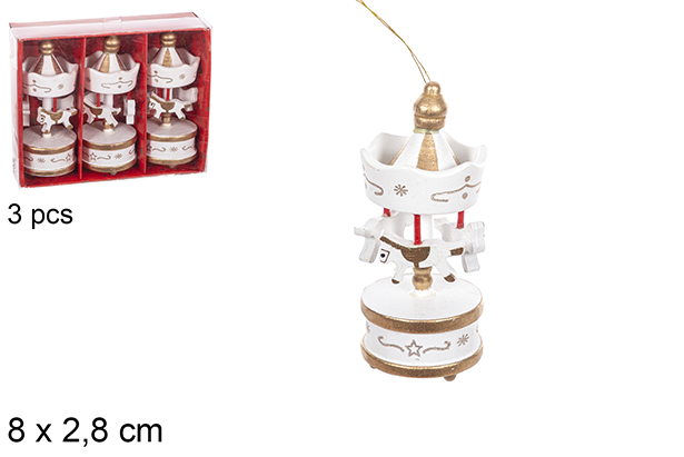 Pack 3 mini carrusel de madera Navidad blanco y oro 8x2,8 cm