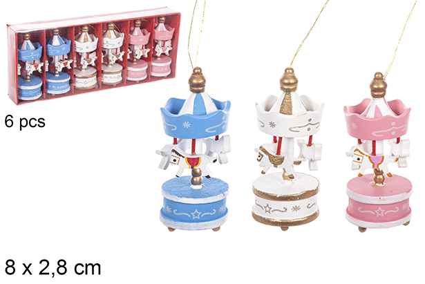 Pack 6 mini giostrine natalizie in legno colori assortiti 8x2,8 cm