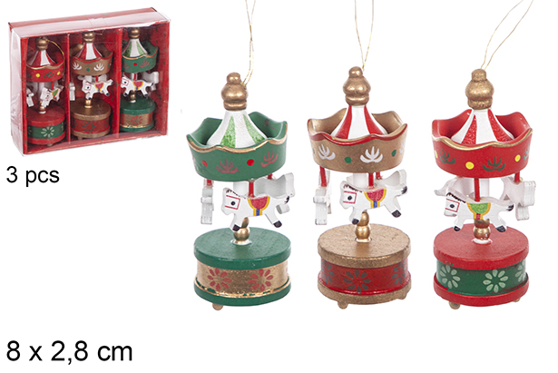 Pack 3 mini giostrine natalizie in legno colori assortiti 8x2,8 cm