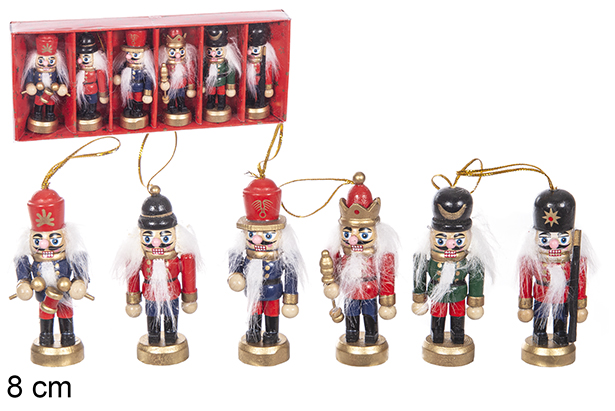 Pack 6 Christmas wooden nutcrackers assorted color 8 cm