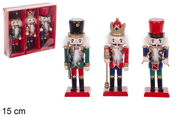 [114925] Pack 3 Christmas wooden nutcrackers assorted color 15 cm