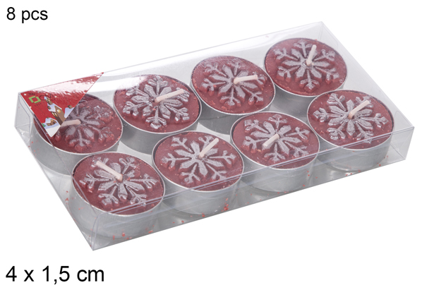 Pack 8 bougies rouges décorées de flocons de neige 4x1,5 cm