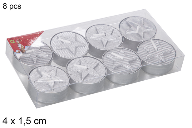 Pack 8 velas prata decoradas estrela 4x1,5 cm