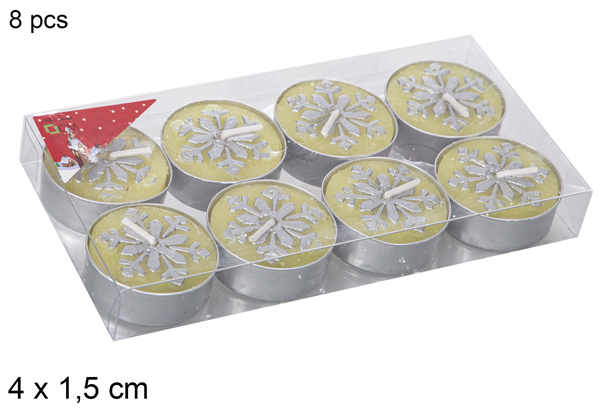Pack 8 candele d'oro decorate con fiocco di neve 4x1,5 cm