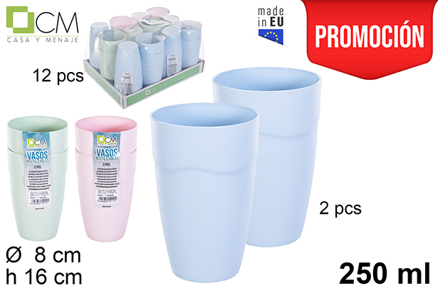 Pack 2 copos plástico reutilizável cores pastel 250 ml