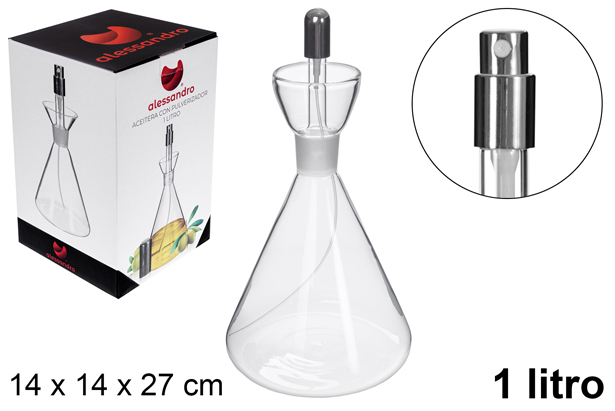[115255] Aceitera cristal cuadrada con tapón pulverizador 1 litro