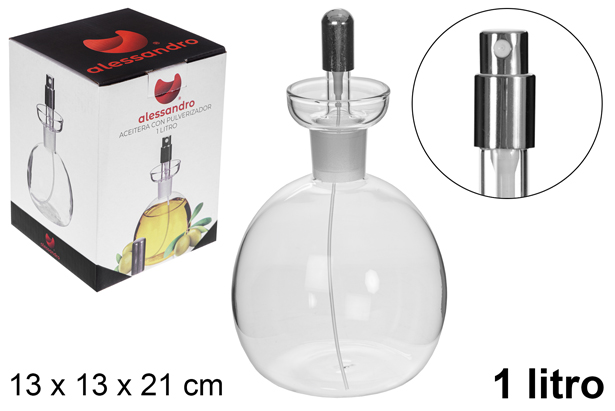 Round glass oil cruet with spray stopper 1 l.