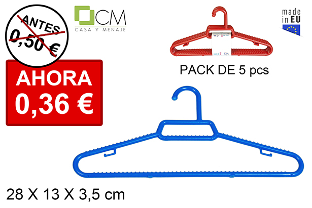 [102921] Pack 5 cintres en plastique enfantin couleurs assorties