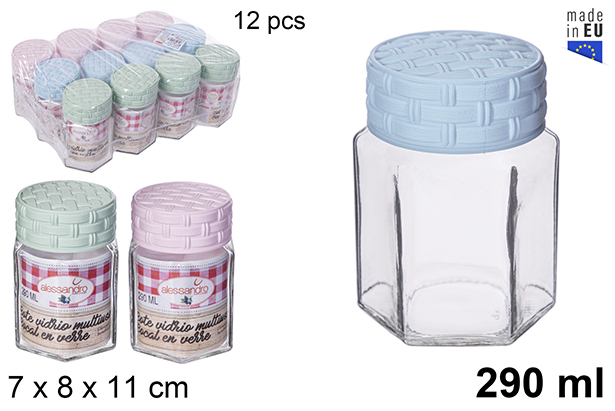 Bote cristal hexagonal tapa rattan colores pastel 290 ml