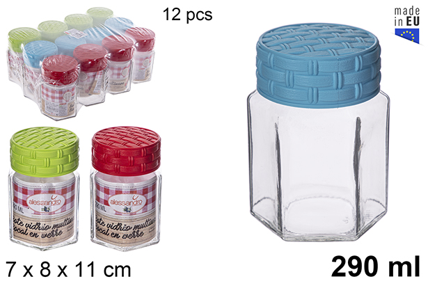[115393] Pot en verre hexagonal avec couvercle en rotin couleurs assorties 290 ml 