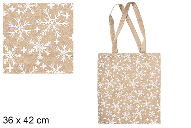 Sac en tissu de Noël beige/or décoré de flocons de neige 36x42 cm